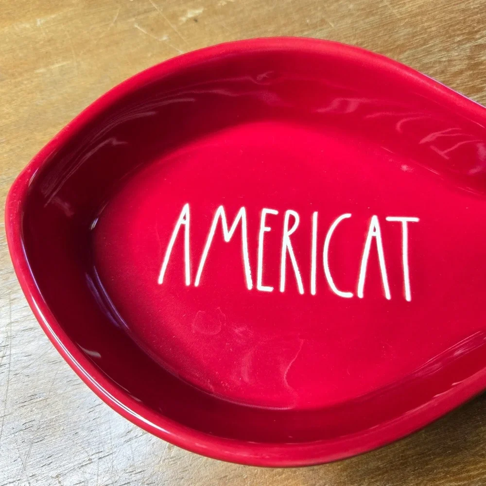 Rae Dunn Americat Pet Bowl Cat Red Fish Pet Food Water Farmhouse Ceramic Dish